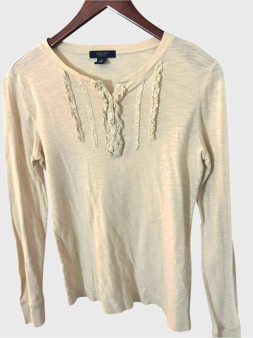 Chaps Cream Ruffle Henley Top 100% Cotton Y2K Size M - Picture 7 of 8